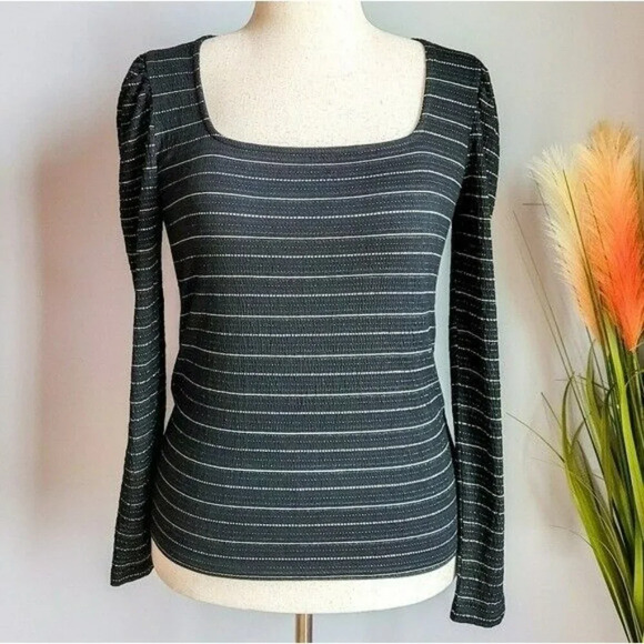 LOFT, New, Black Sparkle Puff Sleeve Square Neck Stretch Knit Top Size Medium - Picture 2 of 12